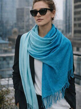 Pashmina Turquoise Shawl Scarf Cashmere Silk Blend Fringe Wrap Large Luxury